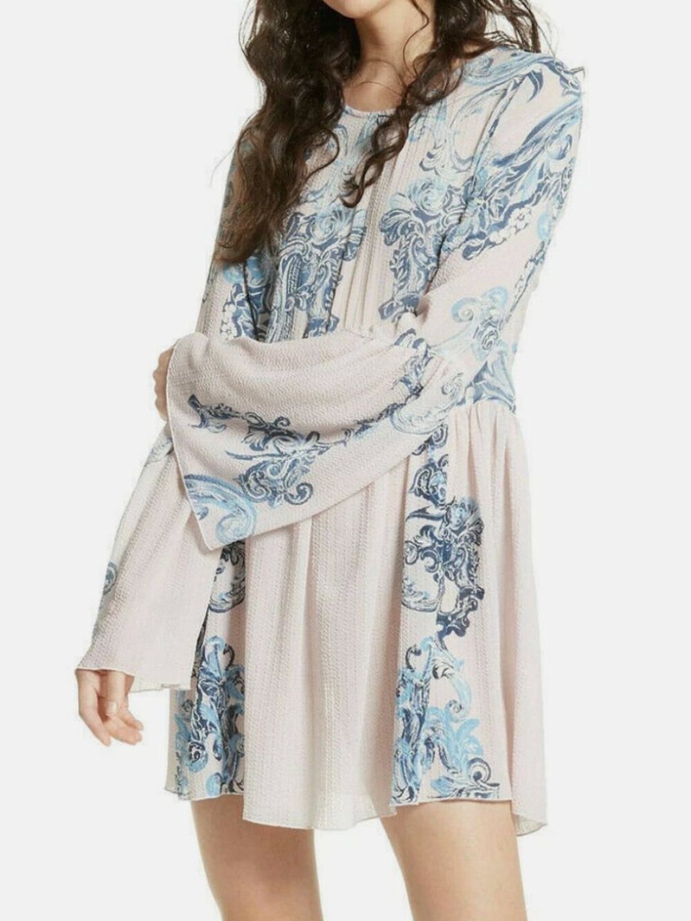 FREE PEOPLE Petal Pink Symphony Textured Printed Swing Tunic Mini Dress Size SM